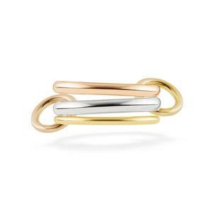 Anello a tre fedi intrecciate in oro rosa, argento e oro con finitura lucida a specchio