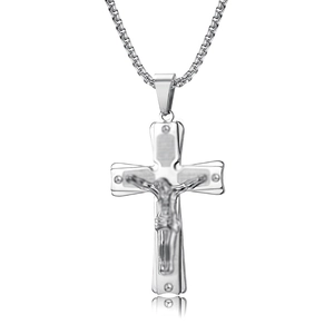 Vintage silver stainless steel crucifix necklace with Jesus pendant and box chain