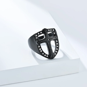 Men's retro shield titanium steel cross ring with black finish and white zircon stones