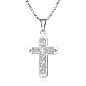 Pendentif croix en acier inoxydable avec texte espagnol gravé et chaîne à mailles carrées