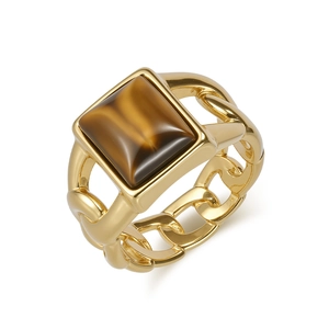 Bague Maille Gourmette Hip Hop Vintage pour Hommes Acier Inoxydable Incrustation de Pierre Carrée Oeil de Tigre Noire Bijoux
