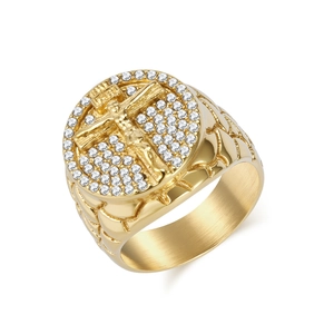 Men Stainless Steel Hip Hop Jesus Cross Ring 18K Gold Plated Religious Signet Ring With Full Zirconia Inlaid Jewelry
