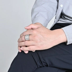 Men's silver-toned 18K gold plated ring with paved cubic zirconia stones in rectangle shape