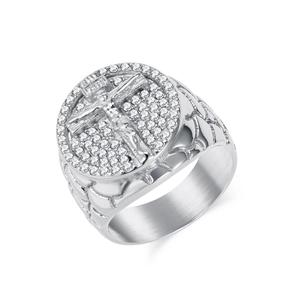 Hip hop silver crucifix ring featuring micro-paved zircons and 3D Jesus relief