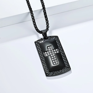 Men's vintage black stainless steel cross pendant necklace with sparkling rhinestones