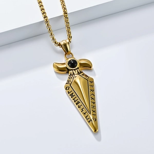 Vintage Viking spearhead pendant with black gemstone and engraved runes on golden chain