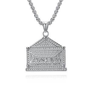Collier avec pendentif La Cène argenté hip-hop orné de strass brillants en acier inox