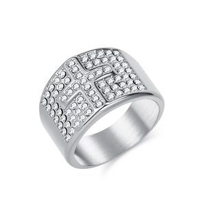 Hip hop silver mens iced out stainless steel cross ring with white crystals