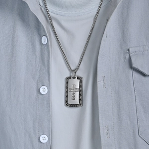 Vintage stainless steel dog tag necklace with crystal cross and greek fret pattern