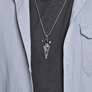 Vintage Viking spearhead necklace for men with black stone and Nordic Runic engraving
