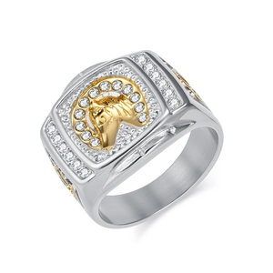 Hip hop men's horse head ring in two-tone stainless steel with zircon horseshoe detail