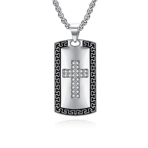 Vintage steel cross dog tag pendant with meander pattern border and diamond cross inlay
