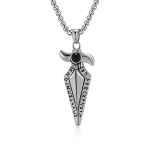 Vintage Viking spearhead necklace with black stone and Nordic runes in silver finish
