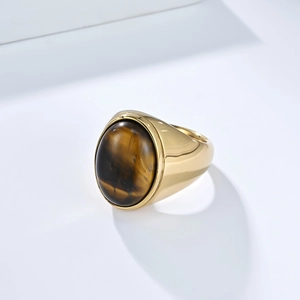 Bague vintage en acier inoxydable doré ornée d'une grande pierre d'œil de tigre