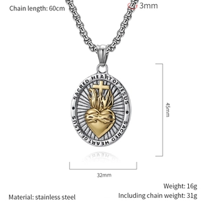 Detailed size specifications for Sacred Heart of Jesus stainless steel pendant necklace