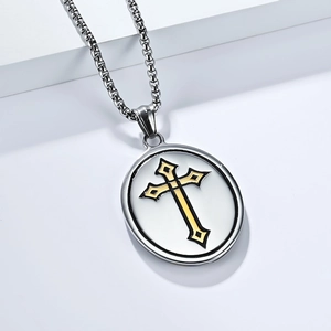 Retro stainless steel religious cross pendant necklace for men with a silver box chain link