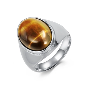 Men's polished stainless steel ring featuring a large oval tiger eye gemstone inlay