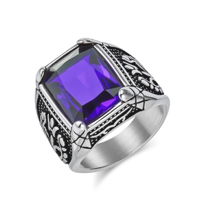 Vintage Herrenring aus Titanstahl mit großem lila Rechteck-Edelstein und Blumenrelief