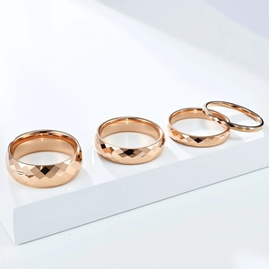 Polished rose gold tungsten steel rings with geometric diamond cut facets for couples