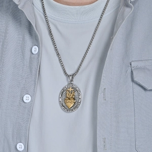 Vintage Sacred Heart of Jesus oval necklace with gold cross and steel box chain