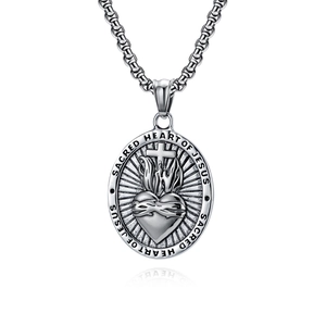 Retro stainless steel Sacred Heart of Jesus oval pendant necklace in antique silver finish