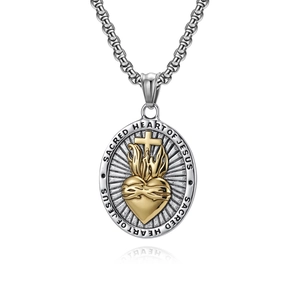 Vintage stainless steel Sacred Heart of Jesus cross pendant necklace for men