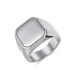 Chevalière hexagonale pour homme en acier inoxydable argenté poli avec vue à 45 degrés