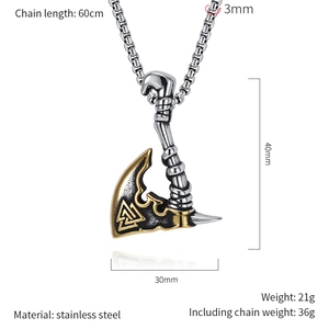 Detailed size specifications of Viking axe pendant in stainless steel with Valknut symbol