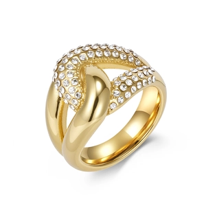 Fashion Women Knot Ring 18K Gold Plated Stainless Steel High End Pave Rhinestone Twist Jewelry Gift Smooth Glossy Surface Ring