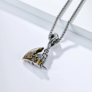 Nordic viking axe pendant necklace in stainless steel with valknut symbol engraving