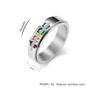 Detailed view of 6mm rainbow PRIDE rotatable stainless steel anxiety relief ring