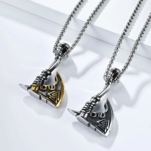 Vintage Nordic Viking axe pendant necklace in stainless steel with Valknut engraving