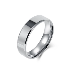 Polished silver stainless steel minimalist ring with double beveled edges in mirror finish