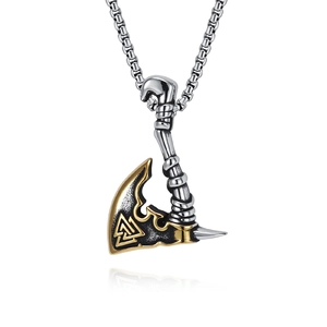 Nordic Viking Valknut battle axe pendant necklace in silver and gold tone titanium steel