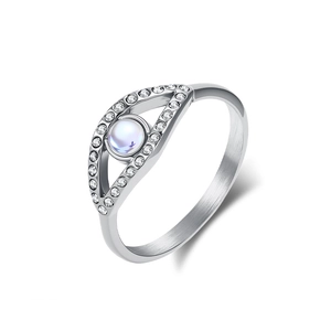Vintage Stainless Steel Evil Eye Ring With Artificial Moonstone And Rhinestones For Women Fashion Jewelry Accessory