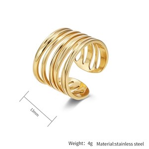 Macro detail of 13mm gold stainless steel ring with multi-layer hollow design and 4g weight