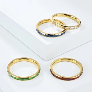 Set of four 2mm gold titanium steel rings with assorted colorful rectangular gemstones