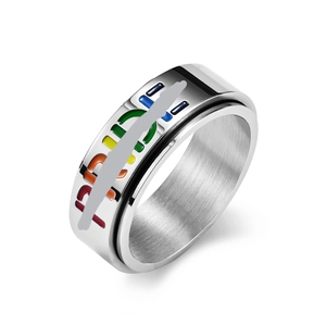 Polished stainless steel spinning ring featuring colorful rainbow Pride letter engraving
