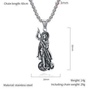 Detail view of Saint George and Dragon pendant with measurements and chain length info