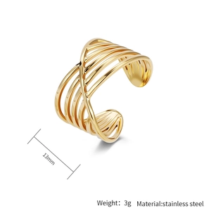 Detail view of 18K gold plated stainless steel multi-layer hollow ring with 13mm width