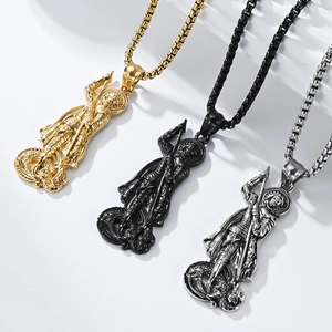 Saint Michael slaying dragon pendant necklaces in gold, matte black, and silver steel