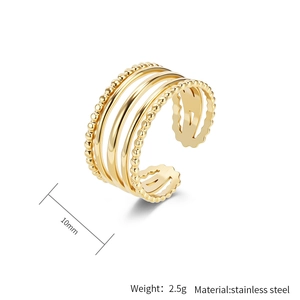 Polished 18K gold plated stainless steel multi-layer open ring, 10mm wide and 2.5g