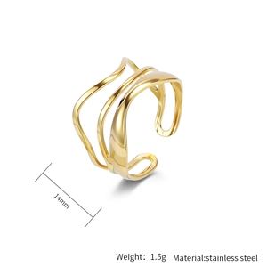 Detailed macro view of 14mm wide 18K gold plated multi-layer wave hollow ring in stainless steel