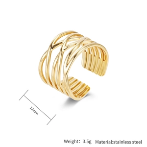 Detailed view of 12mm wide 18K gold plated stainless steel multi-layer open ring