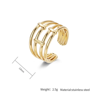 Detail view of 13mm wide 18K gold plated stainless steel multi-layer ring structure