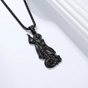 Vintage black stainless steel Saint George dragon slayer pendant necklace with box chain