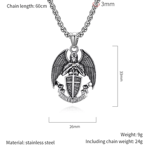 Detail of Saint Michael pendant in stainless steel with 60cm square pearl chain