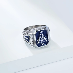 Vintage roestvrijstalen vrijmetselaarszegelring met blauw emaille en G-symbool voor heren