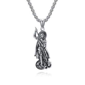 Vintage St. George and Dragon relief pendant in stainless steel for men with link chain