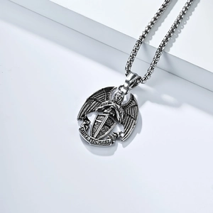 Detailed relief of Saint Michael archangel pendant in vintage silver finish on chain